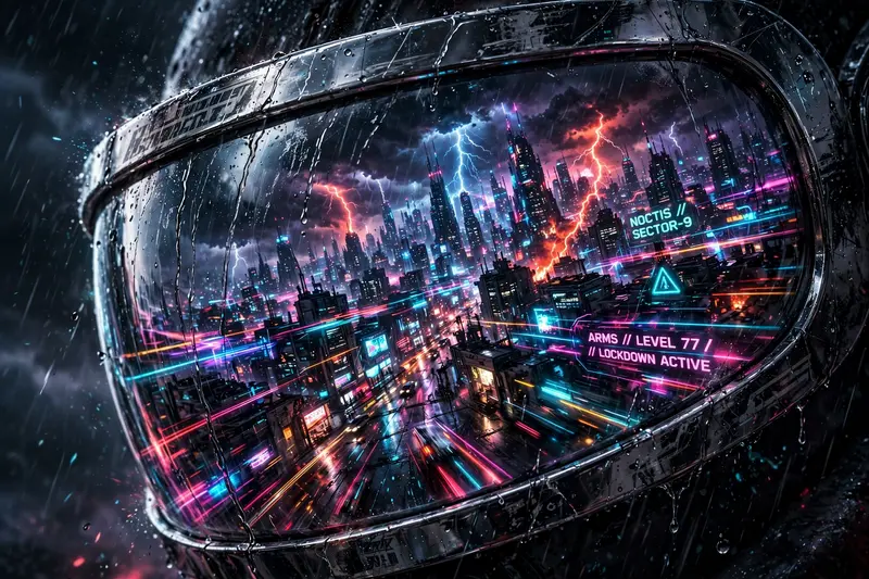 High-octane high-contrast digital cyberpunk art artwork of a megacity reflected in a chrome visor, motion frozen amid the storm. Flickering