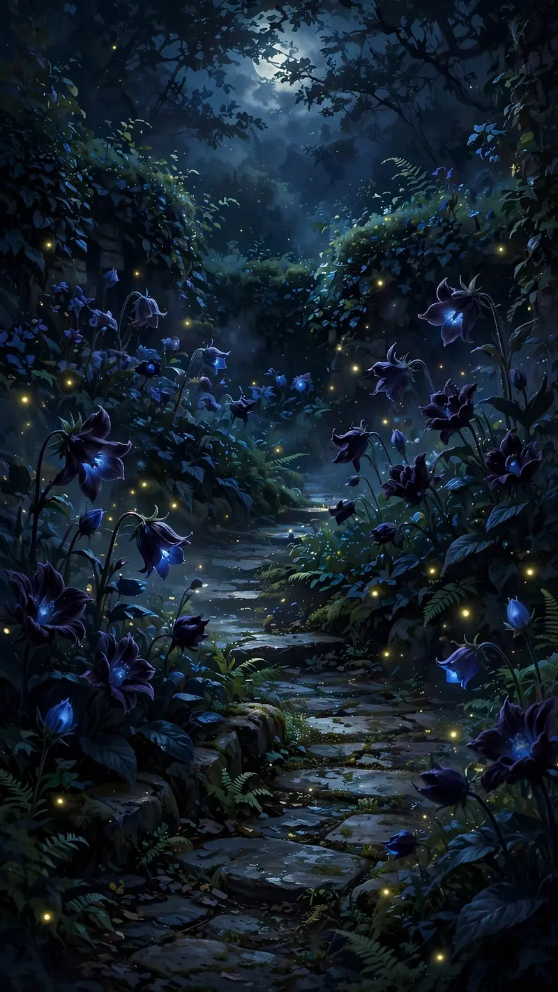 A midnight garden of velvet-dark flowers glowing faintly blue, fireflies drifting, moonlit stone path, vertical 9:16 composition. Dark romantic