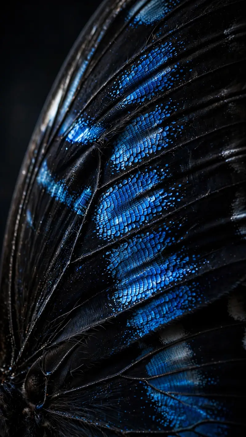 Extreme macro of an obsidian-black butterfly wing with electric blue scale patterns, dark background, vertical 9:16 composition. Macro photography