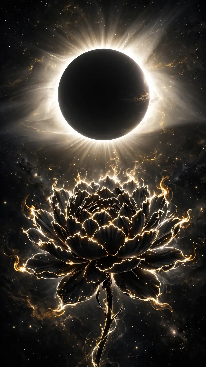 A flower silhouetted against a total solar eclipse corona, petals rimmed in white fire, dark sky with stars, vertical 9:16 composition. Surreal