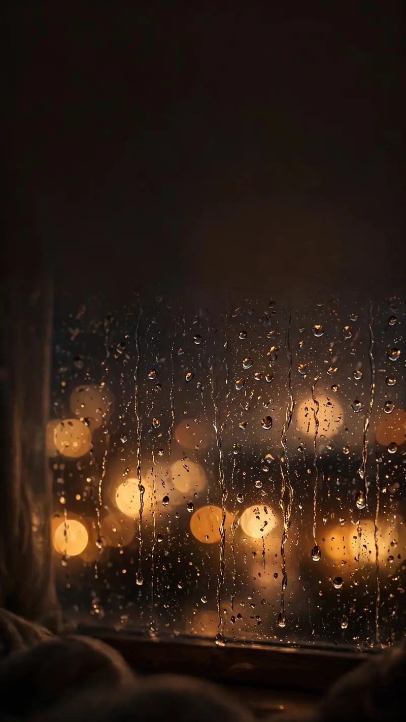 Rain droplets on glass blur warm city bokeh lights into golden orbs, dark cozy interior hint, vertical 9:16 composition. Moody photography aesthetic