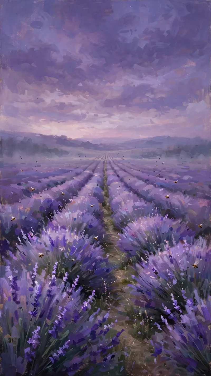 Endless lavender rows under a dusky violet sky, a narrow path leading to the horizon, bees drifting, vertical 9:16 composition. Impressionistic