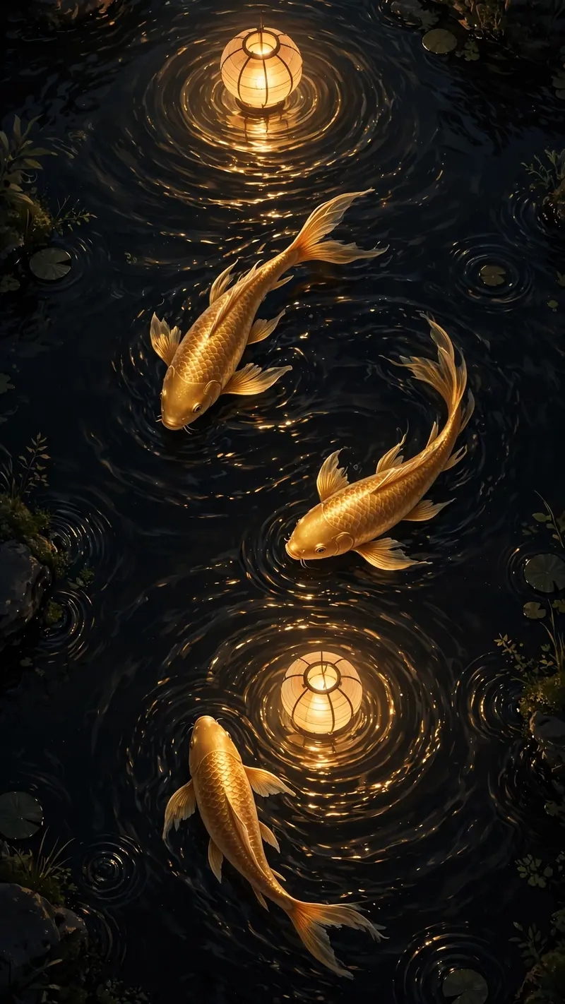 Golden koi glide through dark pond water under floating lantern light, ripples catching gold, vertical 9:16 top-down composition. Serene digital