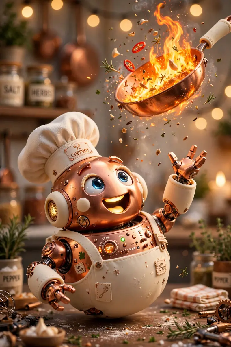 Pixar-style 3D character of a round friendly robot chef tossing a flaming pan, big expressive eyes, copper and cream materials, kitchen bokeh behind