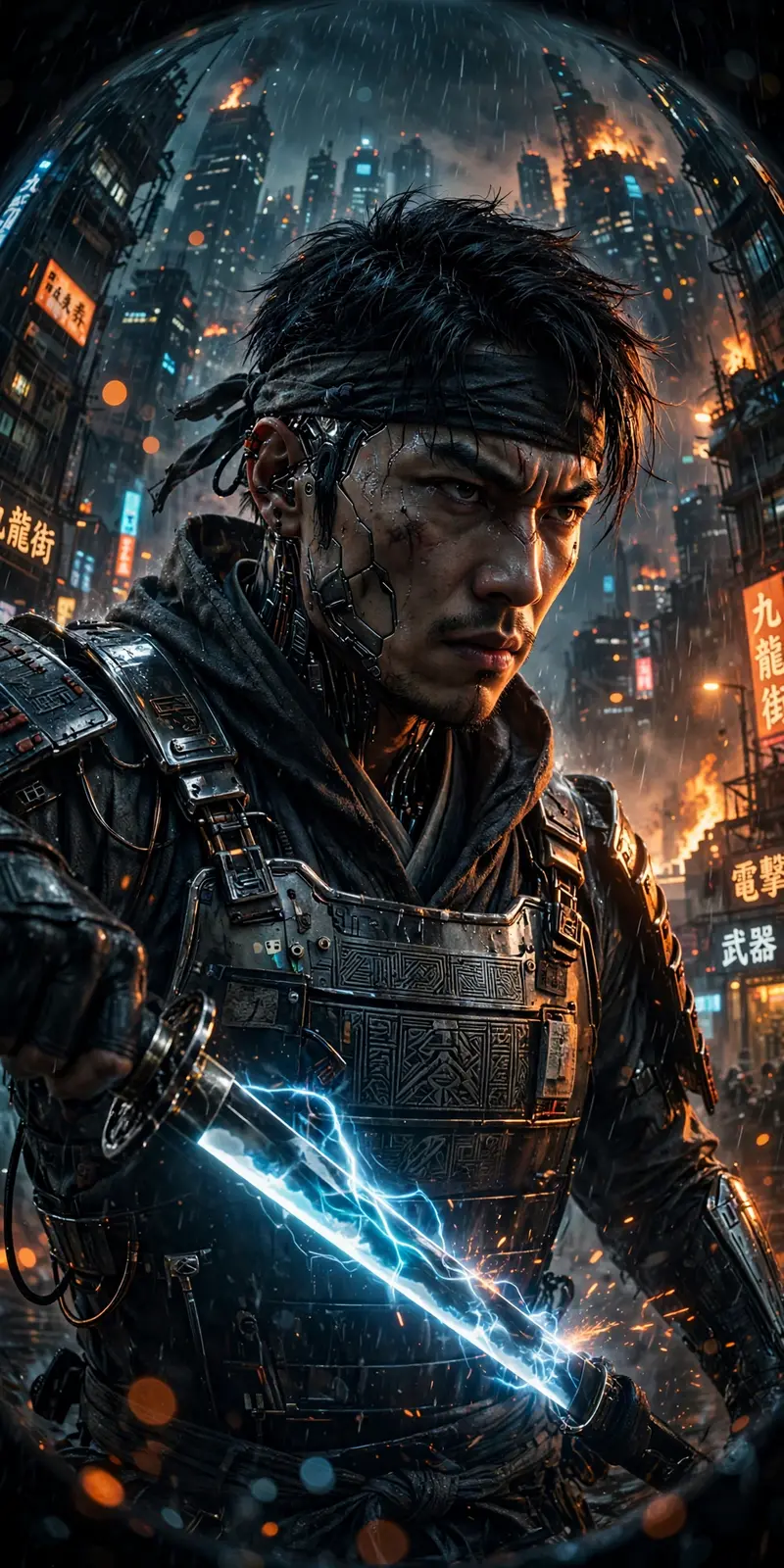 moody dystopian concept art portrait of a street samurai drawing a plasma katana, half-lit by the city's glow. Sodium-orange rim light sculpt the