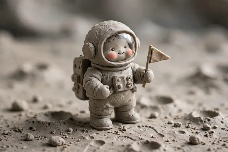 Handmade clay render of a cute chubby astronaut figurine holding a tiny flag, visible fingerprint texture, standing on a cratered moon base. Soft
