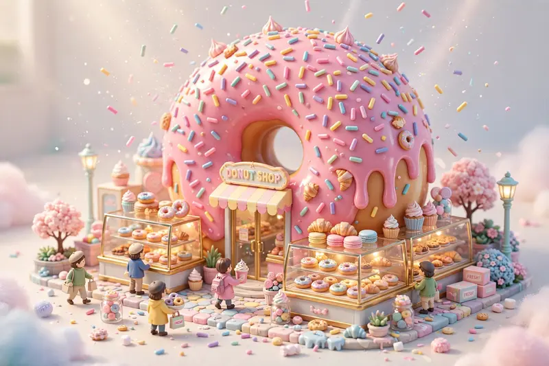 Glossy 3D donut shop diorama with a giant pink-frosted donut building, sprinkles like confetti, tiny customers, glass display cases. Bright cheerful