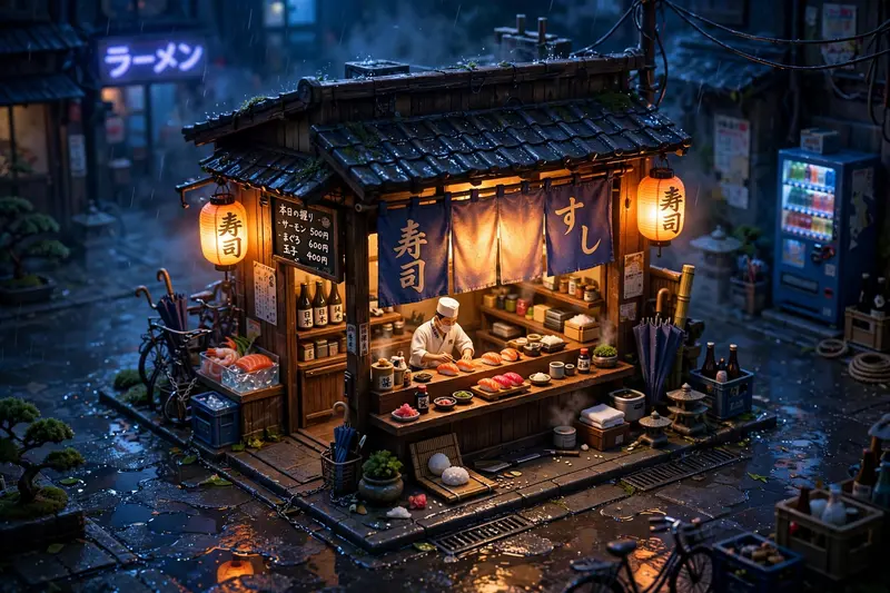 Isometric 3D render of a tiny Tokyo sushi shop at night, glowing noren curtain, miniature chef behind the counter, lantern light spilling onto wet