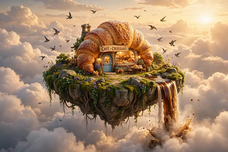 A floating island 3D render with a tiny croissant-shaped bakery, waterfall of coffee pouring off the edge, birds circling, clouds below. Golden hour