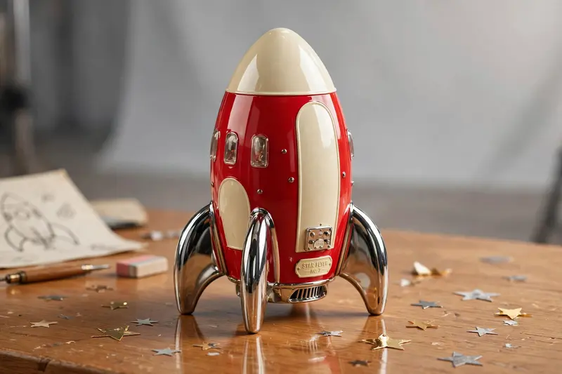Glossy 3D render of a retro toy rocket, candy-red and cream enamel, chrome fins, sitting on a wooden desk with star decals. Soft studio lighting