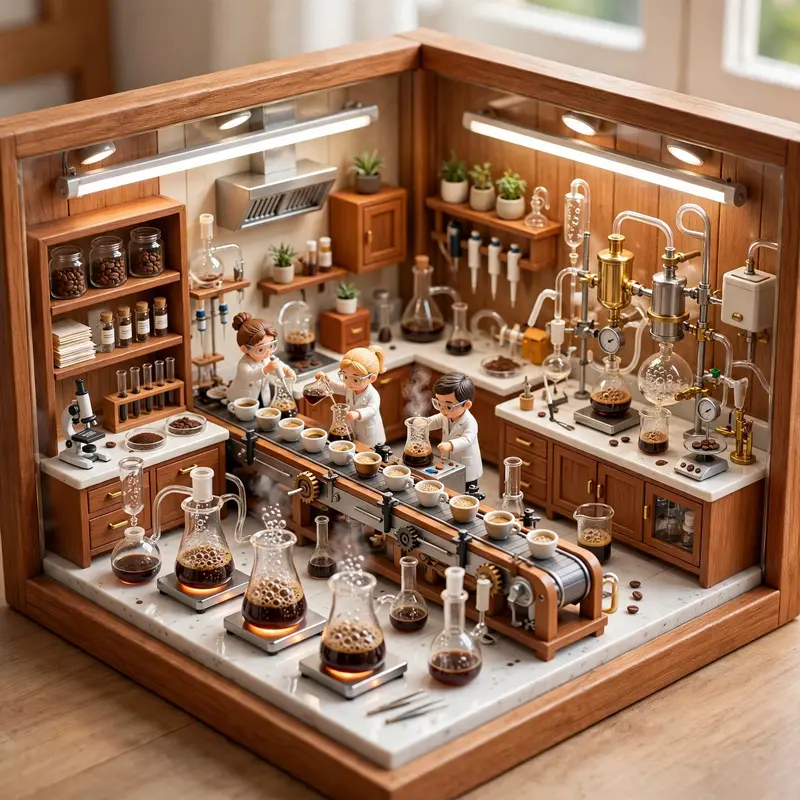 Isometric 3D render of a miniature coffee laboratory, tiny baristas in lab coats, bubbling espresso beakers, conveyor of cups. Bright clean lighting