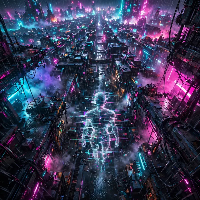 Sweeping cinematic cyberpunk realism vista featuring a glitch ghost flickering in a dark alley against the endless megacity. Harsh magenta and cyan