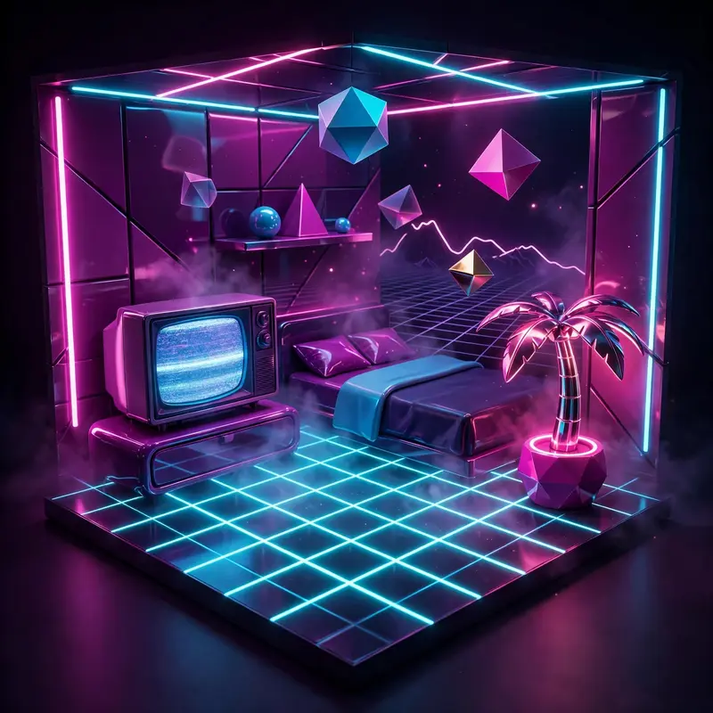 Isometric 3D vaporwave bedroom diorama, neon grid floor, retro CRT TV glowing, palm tree lamp, floating geometric shapes. Magenta and cyan neon