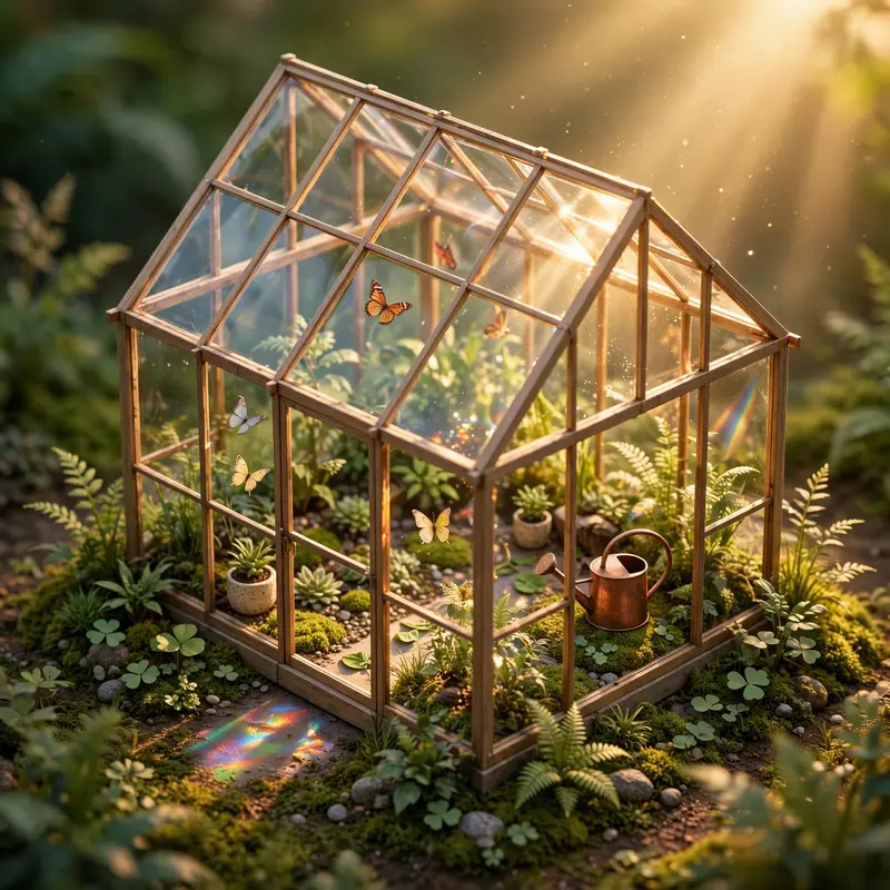 Isometric 3D render of a tiny glass greenhouse at golden hour, miniature plants, watering can, butterflies, sun rays through glass panels. Warm