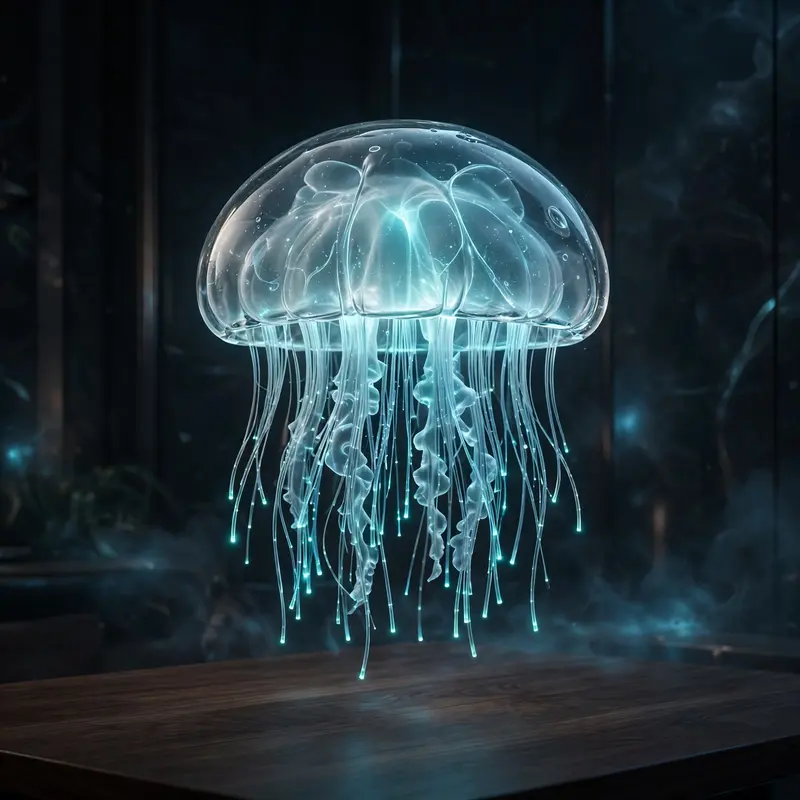 3D render of a jellyfish-shaped lamp, translucent glowing bell, fiber-optic tentacles, floating above a dark walnut table. Ethereal bioluminescent