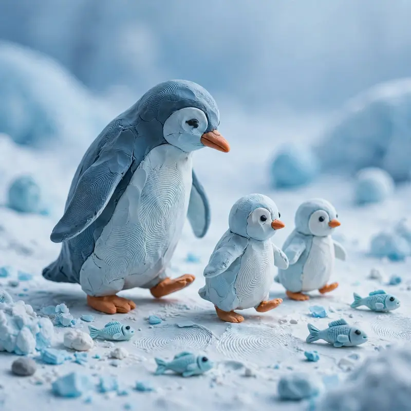 Clay render of a penguin family waddling across handmade snow, parent and two chicks, fingerprint texture, tiny clay fish. Cool soft daylight, matte