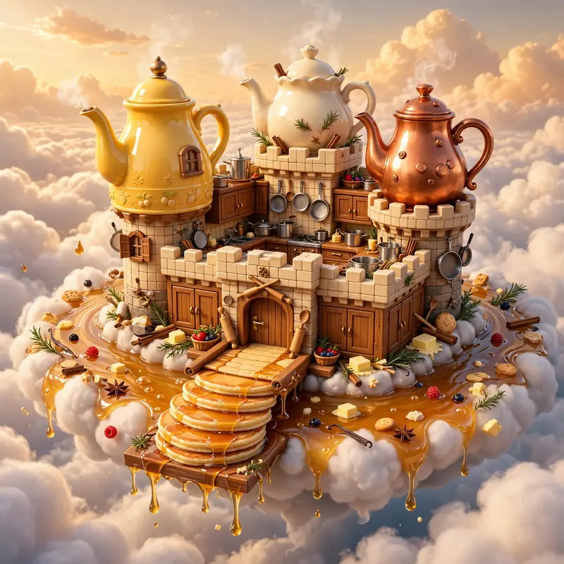 A floating castle 3D render where the kitchen is the whole fortress, giant teapot towers, pancake drawbridge, syrup moat, clouds below. Bright