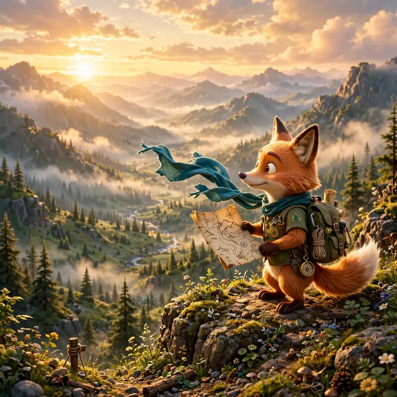 Pixar-style 3D character of a clever fox adventurer with a tiny backpack and map, standing on a cliff edge at sunrise, scarf fluttering. Warm golden