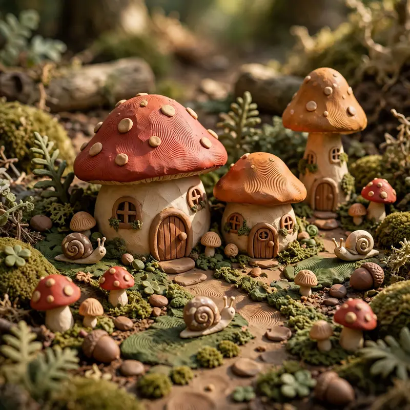Clay render of a mushroom village with tiny doors and windows, handmade toadstools, clay snails, moss paths, fingerprint texture. Soft dappled forest