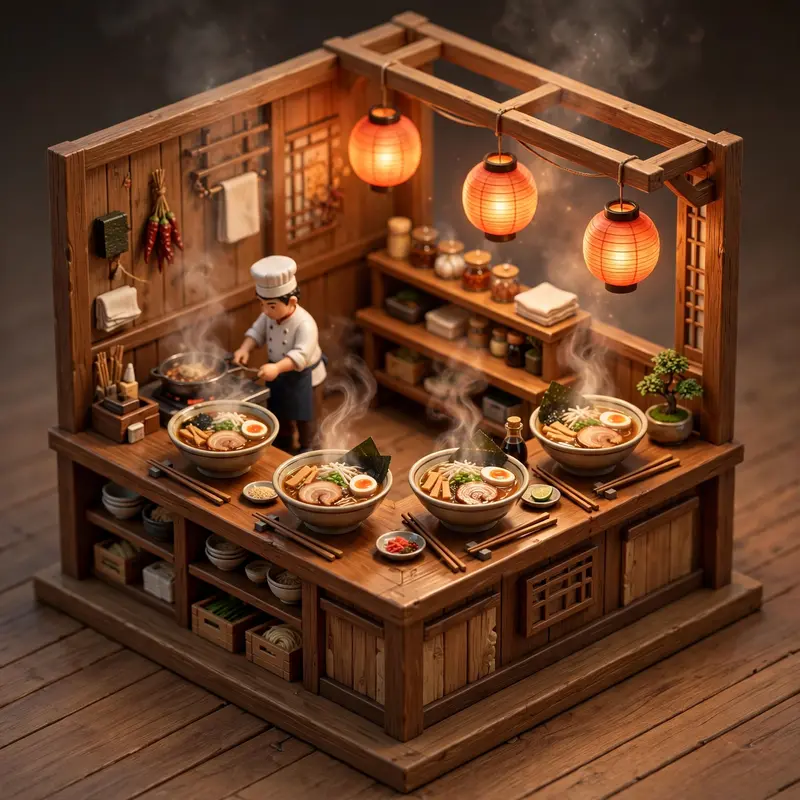 Isometric 3D render of a tiny ramen shop counter, steaming bowls, miniature chef, hanging lanterns, chopstick details. Warm steam-lit glow, glossy