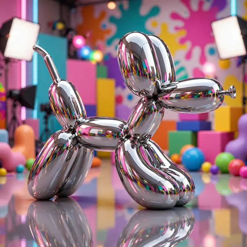 Glossy 3D render of a chrome balloon dog sculpture, mirror reflections of a colorful studio, slight squash and stretch pose. Bright playful studio