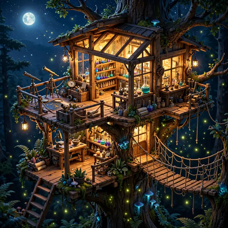 Isometric 3D render of a treehouse science lab, tiny telescopes, potion shelves, rope bridge, fireflies, night sky. Cool moonlight with warm window