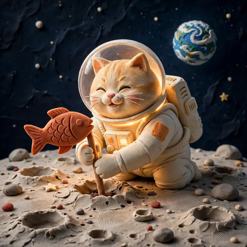Clay render of a chubby cat astronaut planting a fish-shaped flag on the moon, handmade craters, Earth in the clay sky, fingerprint texture. Soft