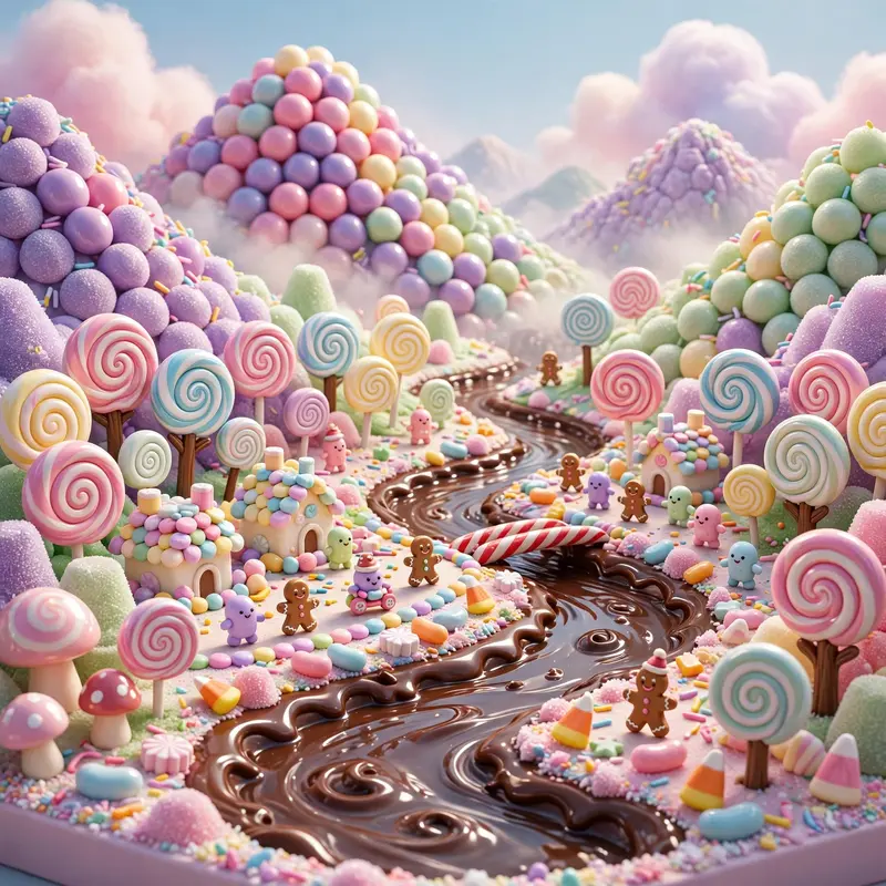 3D render diorama of a candy land valley, lollipop trees, chocolate river, gumdrop mountains, tiny candy citizens. Bright sugary lighting