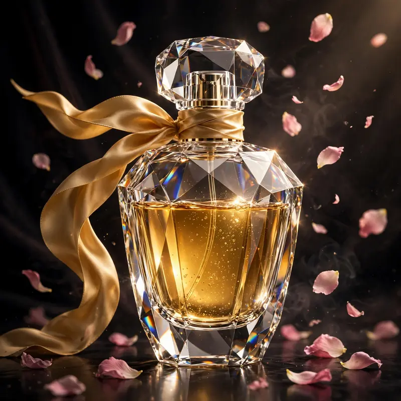 Luxury 3D product render of a faceted glass perfume bottle, golden liquid, silk ribbon, floating petals, dark elegant background. Dramatic studio