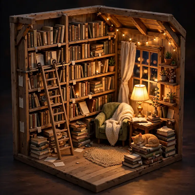 Isometric 3D render of a cozy tiny bookstore, towering miniature shelves, ladder, reading nook with lamp, cat asleep on books. Warm lamplight glow