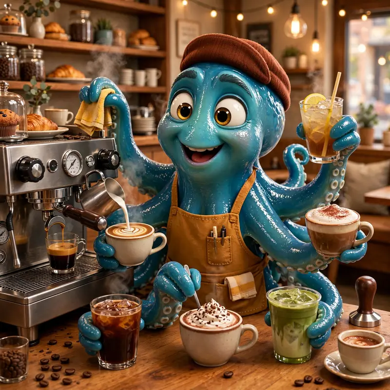 Pixar-style 3D character of an octopus barista multitasking eight drinks, espresso machine, cheerful cafe, tentacles with tiny towels. Warm cafe