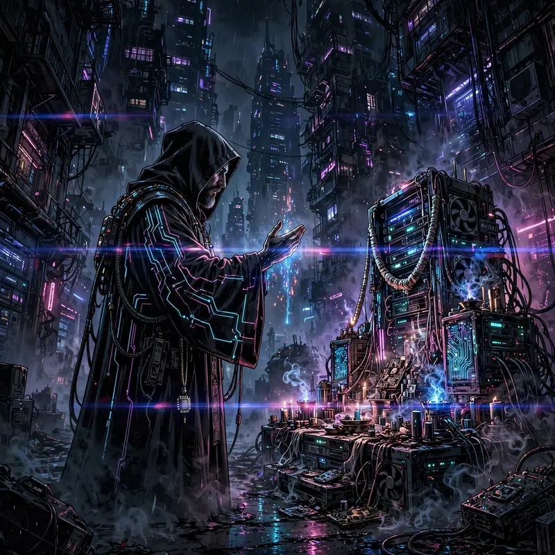 Cinematic frame of a data priest blessing a server shrine, rendered in neon-drenched comic art style amid towering megacity blocks. Low-key
