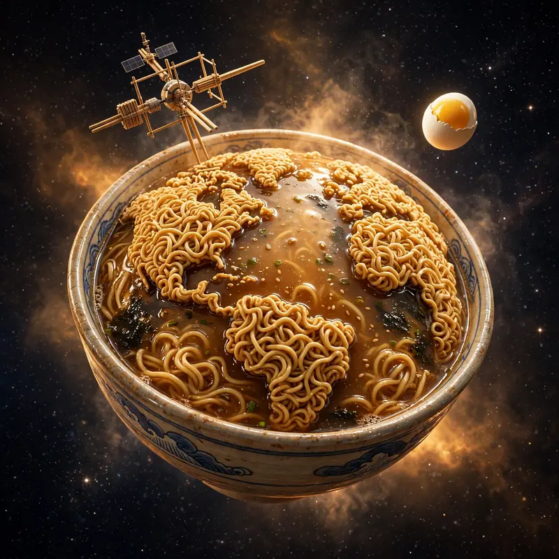 3D render of a tiny planet that is a giant ramen bowl, noodle continents, egg moon, chopstick space station, stars around. Warm appetizing glow