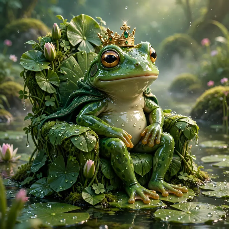 Glossy 3D render of a frog prince wearing a tiny gold crown, sitting on a lily pad throne, dewdrops sparkling. Soft fairytale lighting, wet-look
