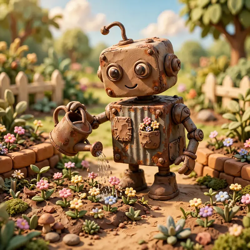 Clay render of a rusty handmade robot tending a flower garden, watering can, tiny clay blooms, fingerprint texture, sunny day. Bright cheerful