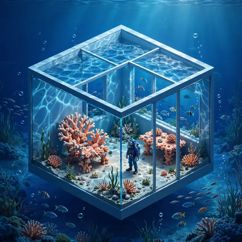 Isometric 3D render of a tiny room that is an aquarium, diver figurine, coral furniture, fish swimming past windows, blue water glow. Ethereal