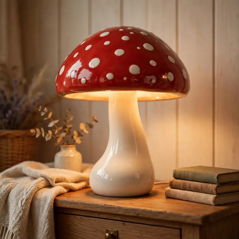 3D render of a mushroom-shaped table lamp, glossy red cap with white dots, warm light glowing through, on a wooden nightstand. Cozy warm glow