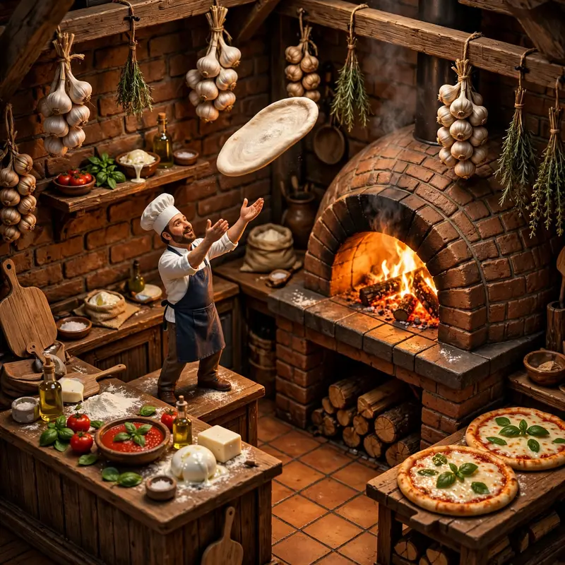 Isometric 3D render of a tiny pizzeria kitchen, miniature pizzaiolo tossing dough mid-air, wood-fired oven glow, hanging garlic. Warm firelight