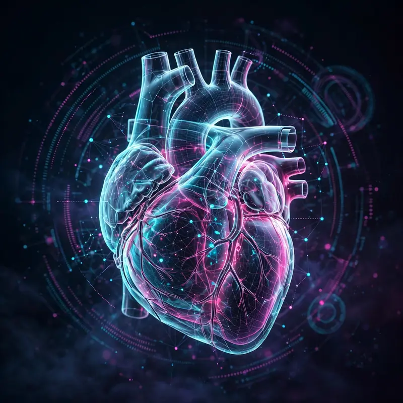 3D render of a holographic human heart, translucent layers, glowing data points, floating in a dark medical-tech void. Cyan and magenta holographic