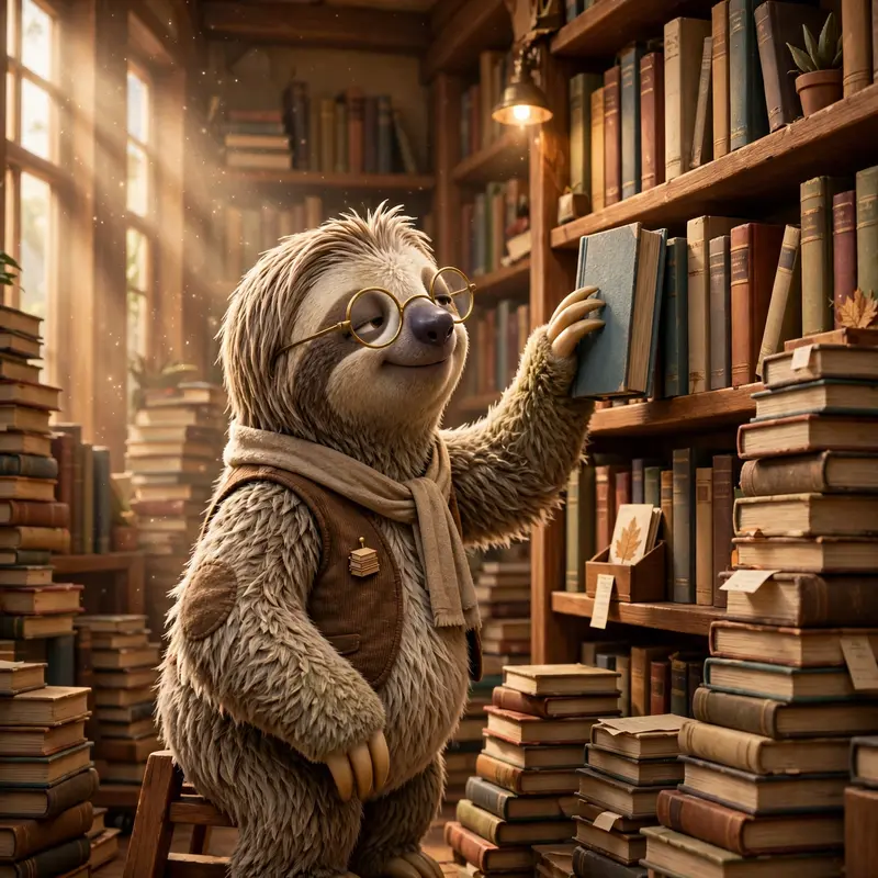 Pixar-style 3D character of a sloth librarian slowly shelving books, glasses on nose, towering book stacks, dust motes in sunbeams. Warm library