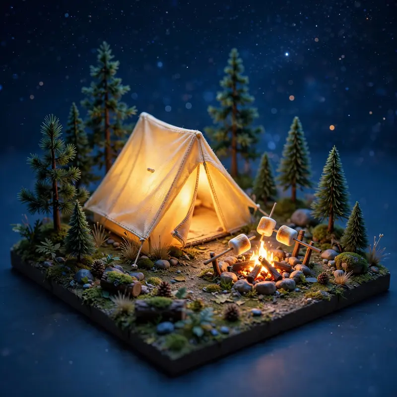 3D render diorama of a tiny campsite at night, glowing tent, campfire with marshmallows, miniature pine trees, starry sky. Warm firelight against