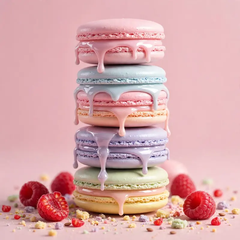 Studio 3D render of a tall macaron stack, pastel shells with glossy ganache, crumbs and raspberries, soft pink background. Bright appetizing