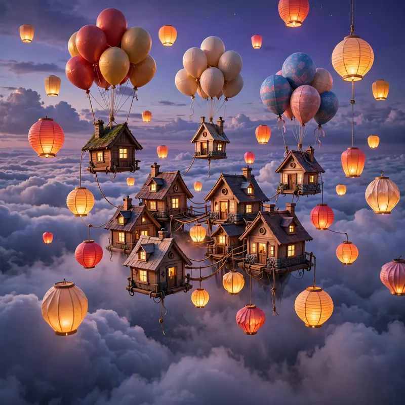3D render of a floating village of paper lanterns at dusk, tiny houses hanging from balloons, glowing windows, clouds below. Warm lantern glow
