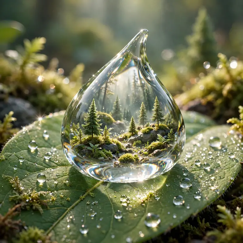 Macro 3D render of a perfect water droplet on a leaf, refracting a tiny forest scene inside, morning dew sparkle. Crisp natural lighting, flawless