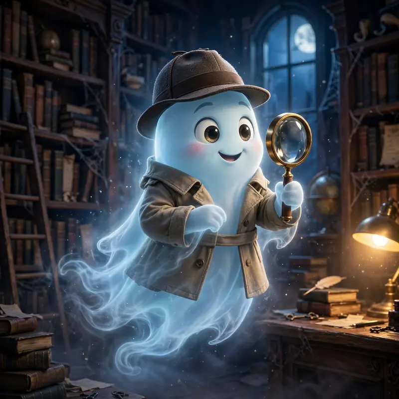 Pixar-style 3D character of a friendly ghost detective in a trench coat and fedora, magnifying glass, translucent glow, haunted library. Moody