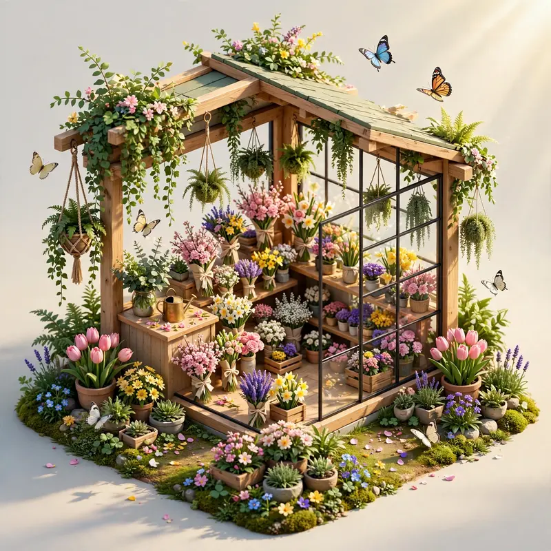 Isometric 3D render of a tiny flower shop, miniature bouquets, hanging plants, glass storefront, butterfly details, morning light. Fresh bright