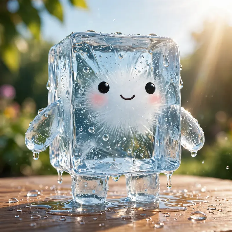 3D render of a cute ice cube character with a tiny face, condensation droplets, melting slightly on a summer table, sun flare. Bright summer