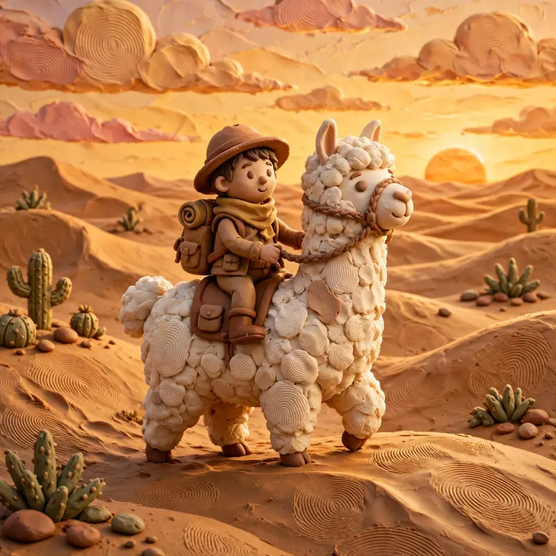 Clay render of a tiny adventurer riding a fluffy handmade llama through clay desert dunes, fingerprint texture, sunset sky. Warm golden lighting