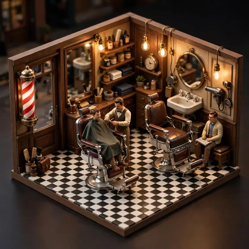 Isometric 3D render of a vintage barbershop diorama, tiny barber chairs, striped pole, miniature customers, checkered floor. Warm tungsten lighting