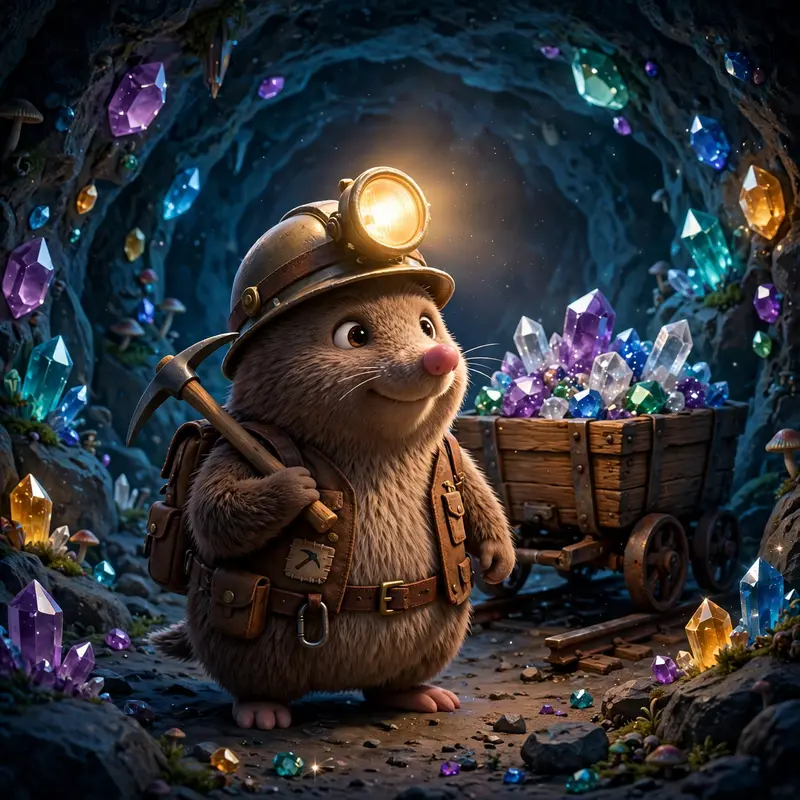 Pixar-style 3D character of a mole miner with a headlamp and tiny pickaxe, gem-filled tunnel, cart of crystals behind. Warm headlamp glow in cool